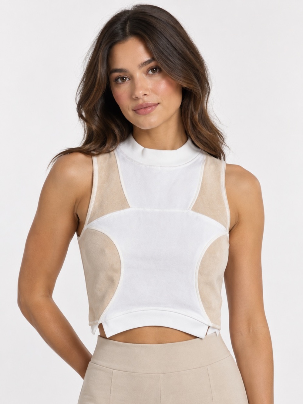 Manière De Voir Crop Top Size 14 White Beige Panelled Mock Neck Sleeveless